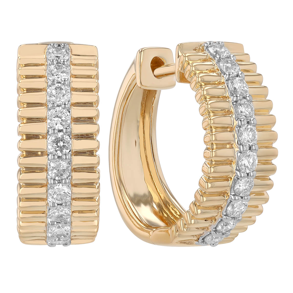 Diamond Column And Ribbed Texture Huggie Hoop Earrings In Yellow Gold