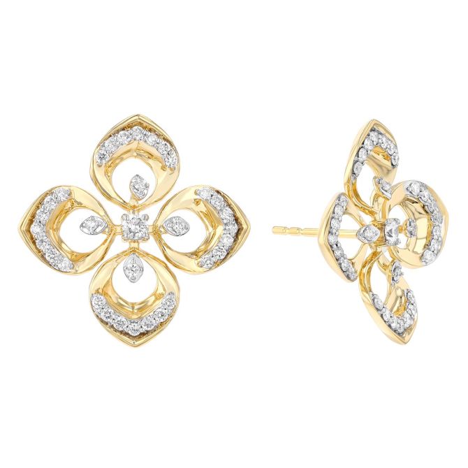 Diamond Open Petal Flower Stud Earrings in Yellow Gold