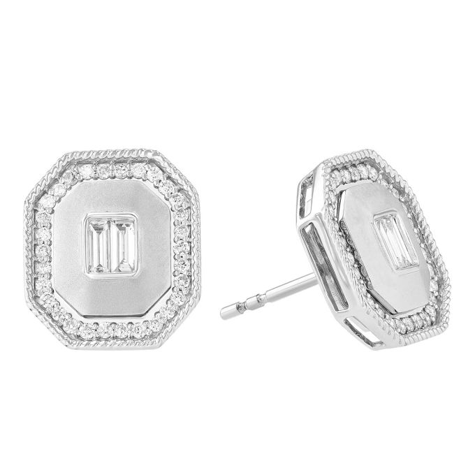 Baguette Diamond Center Geometric Stud Earrings in White Gold