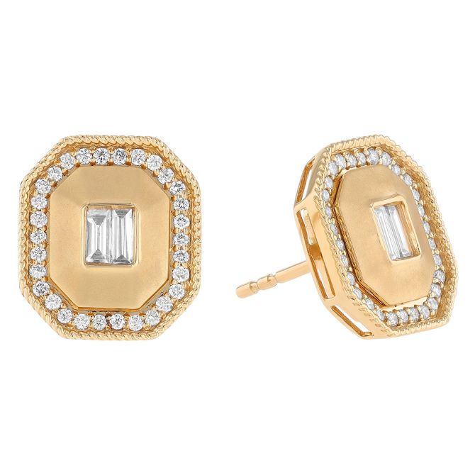 Diamond & Yellow Gold Deco Style Octagon Stud Earrings