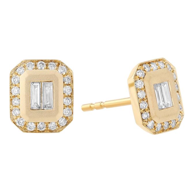 Baguette Diamond Center Square Stud Earrings in Yellow Gold