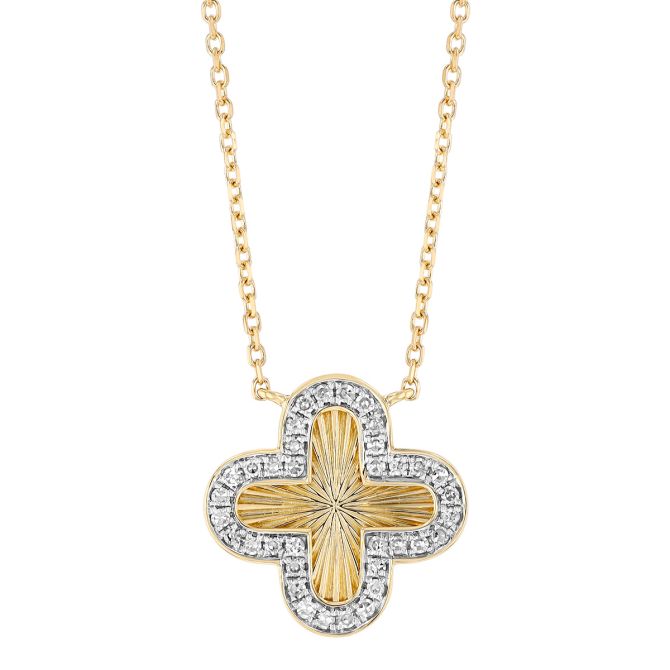 Diamond Clover Sunray Necklace in Yellow & White Gold, 18"