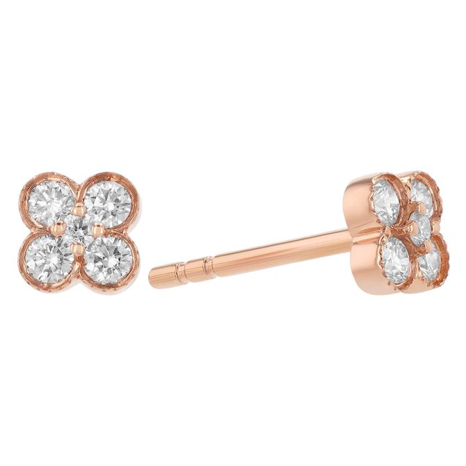 Dainty Bezel Set Diamond Clover Stud Earrings in Rose Gold