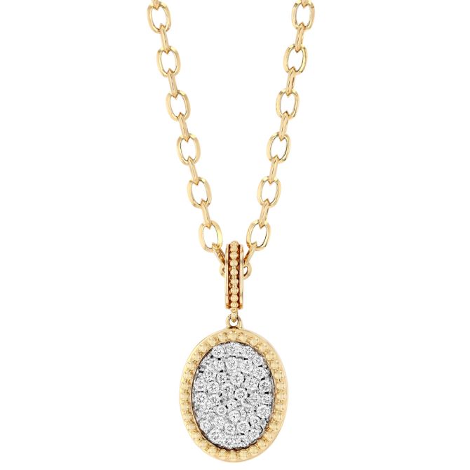 Doves Diamond Pave Oval & Beaded Edge Pendant in Two Tone, 18"