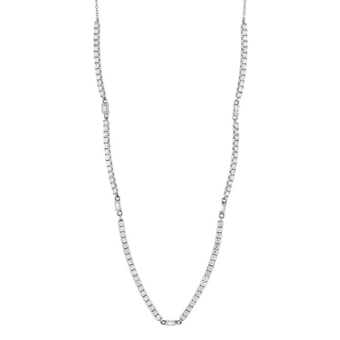 Doves Round & Baguette Diamond Collar Necklace in White Gold, 18"