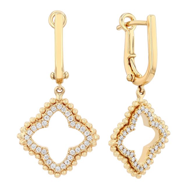 Doves Diamond Open Quatrefoil & Beaded Edge Dangle Hoop Earrings in Yellow Gold