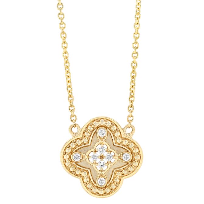 Doves Diamond & Beaded Quatrefoil Pendant in Yellow Gold, 18"