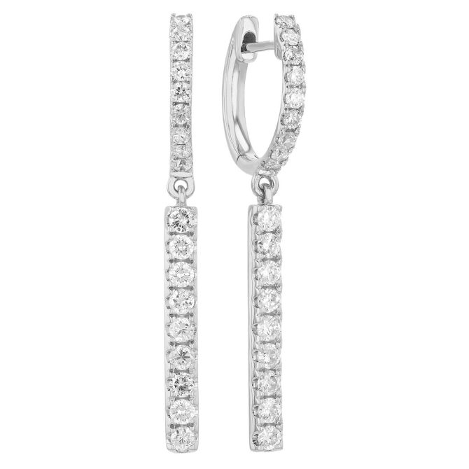 Diamond Vertical Bar Dangle Hoop Earrings in White Gold