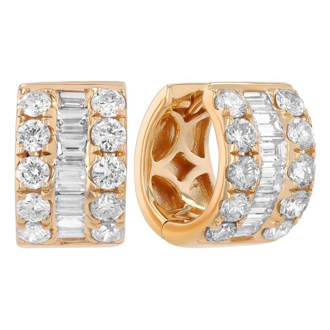 Baguette & Round Diamond Wide Huggie Hoop Earrings in Yellow Gold, 1.42 cttw