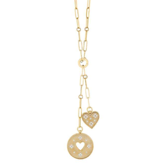 Roberto Coin Venetian Princess Diamond Double Heart Pendant Lariat Necklace in Yellow Gold