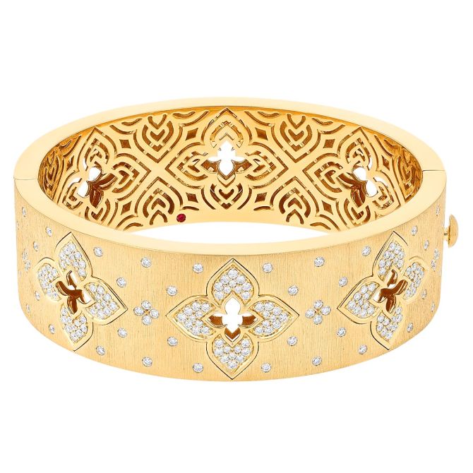 Roberto Coin Venetian Princess Diamond Flower Wide Bangle Bracelet in Yellow Gold