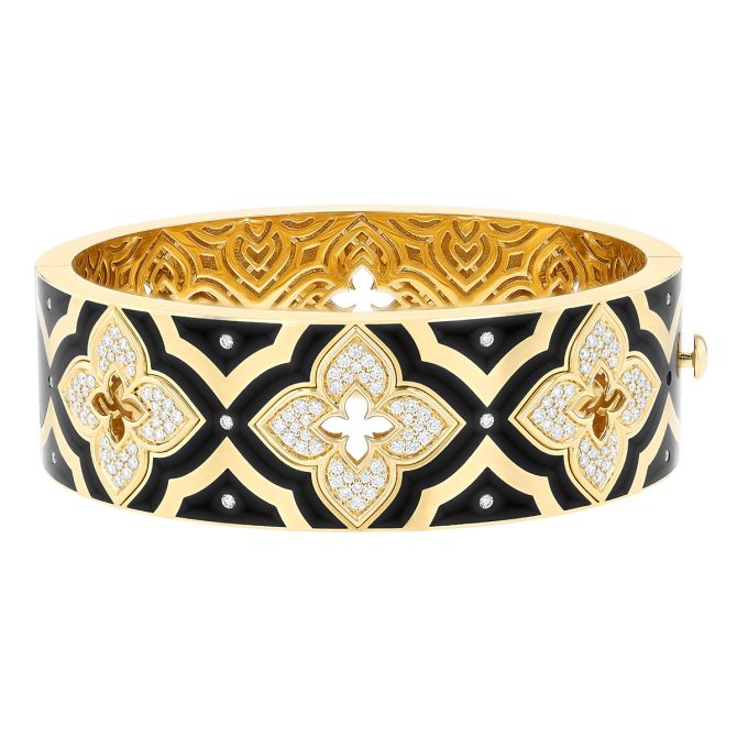 Roberto Coin Venetian Princess Diamond & Black Enamel Wide Bangle in Yellow Gold