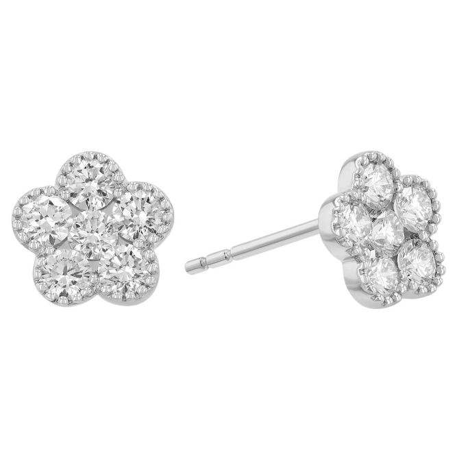 Diamond Cluster Flower Stud Earrings in White Gold