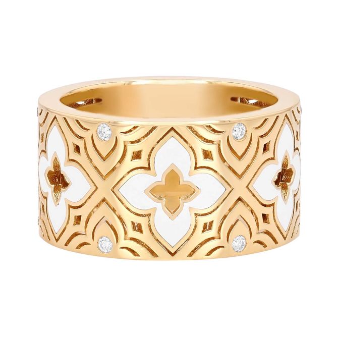 Roberto Coin Venetian Princess Diamond & White Enamel Etched Frame Ring in Yellow Gold