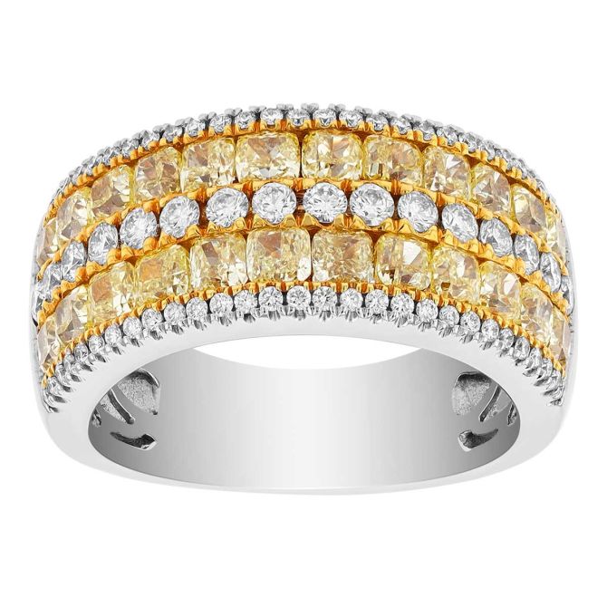 Cushion Cut Fancy Yellow Diamond & Round White Diamond Layered Ring in White Gold