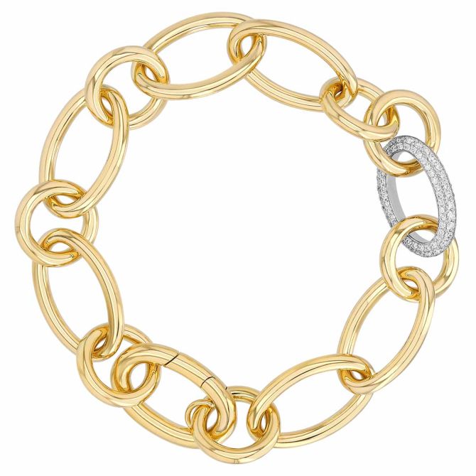 Roberto Coin Yellow Gold Oval & Circle Link Bracelet with Single Diamond Link in Two Tone, 7.5"