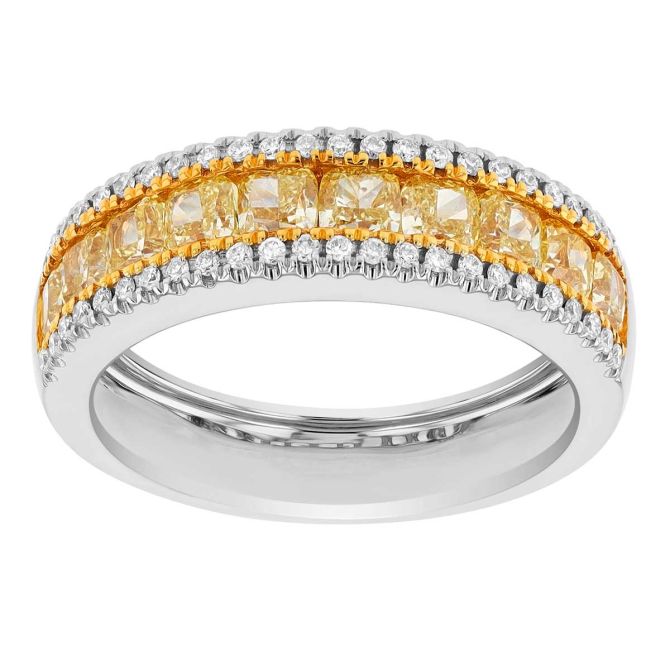 Cushion Cut Fancy Yellow Diamond & Round White Diamond Ring in White Gold