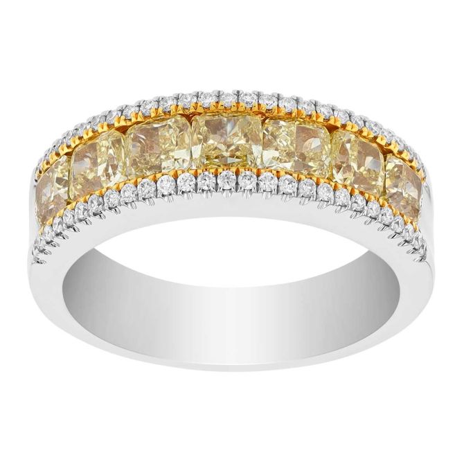 Cushion Cut Fancy Yellow Diamond & Round White Diamond Ring in White Gold