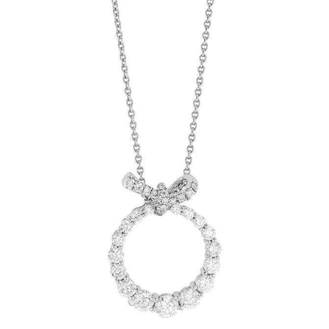 Graduated Diamond Open Circle & Bow Pendant in White Gold