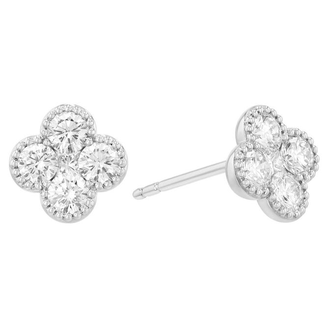 Diamond Cluster Clover Stud Earrings in White Gold