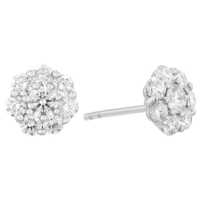 Diamond Cluster Floral Stud Earrings in White Gold, 0.94 cttw