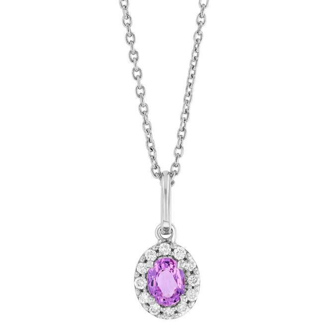 Oval Pink Sapphire & Diamond Halo Pendant in White Gold