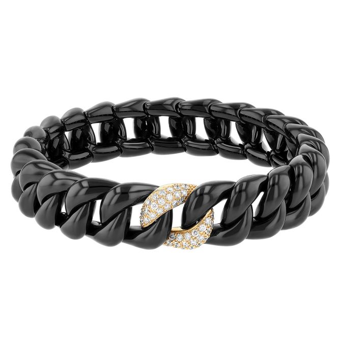 Roberto Demeglio Black Ceramic Curb Chain Stretch Bracelet & Diamond Pavé Link in Yellow Gold