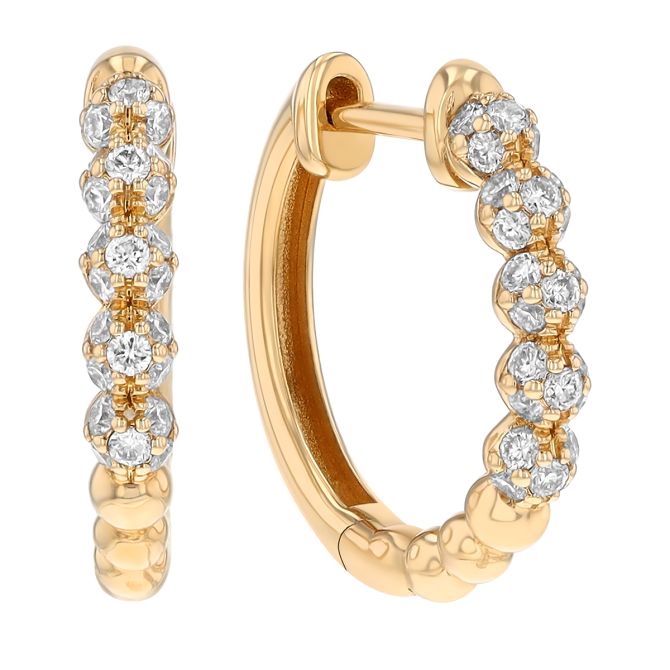 Diamond Cluster Beaded Huggie Hoop Earrings in Yellow Gold