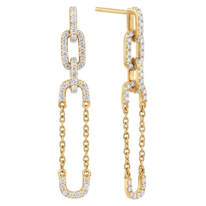 Diamond Link & Chain Dangle Earrings in Yellow Gold