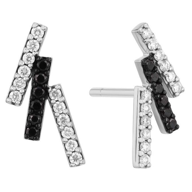 Black & White Diamond Triple Bar Stud Earrings in White Gold