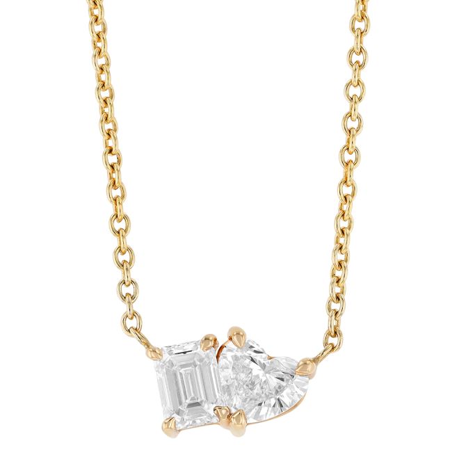 Heart & Emerald Cut Diamond Duo Necklace in Yellow Gold