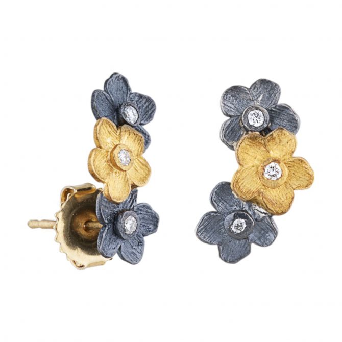 Lika Behar Buttercup Yellow Gold & Oxidized Silver Small Climber Flower Earrings with Diamonds