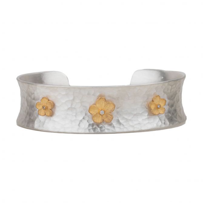 Lika Behar Buttercup Sterling Silver & Yellow Gold Flower Cuff Bracelet with Diamonds