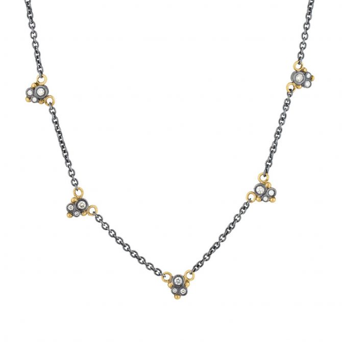 Lika Behar Dylan Diamond Cluster Station Necklace in Oxidized Silver & Yellow Gold, 18"