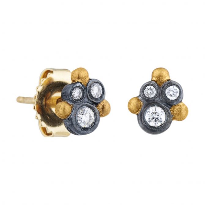 Lika Behar Dylan Diamond Cluster Stud Earrings in Oxidized Silver & Yellow Gold