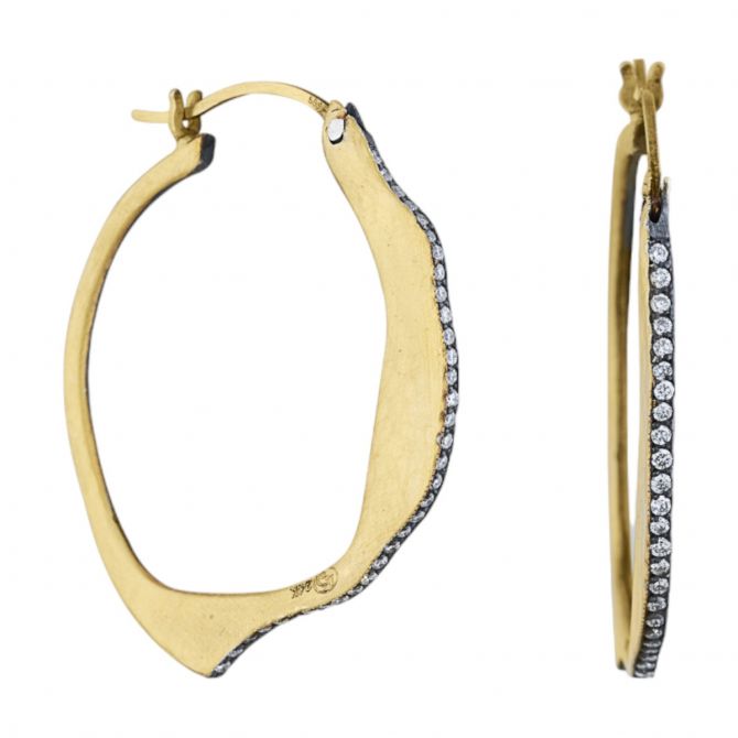 Lika Behar Kiki Diamond Abstract Flat Hoop Earrings in Yellow Gold & Oxidized Silver, 30 mm