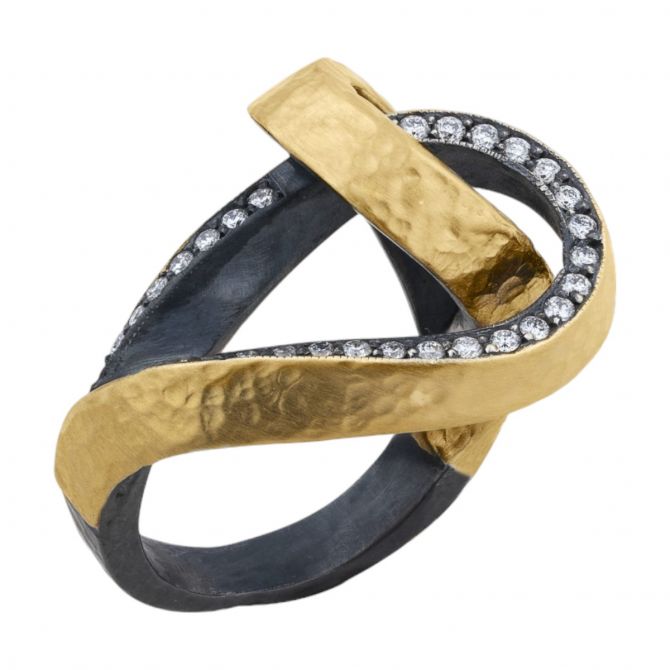 Lika Behar Twist Intertwining Loop Diamond Ring in Yellow Gold & Oxidized Silver