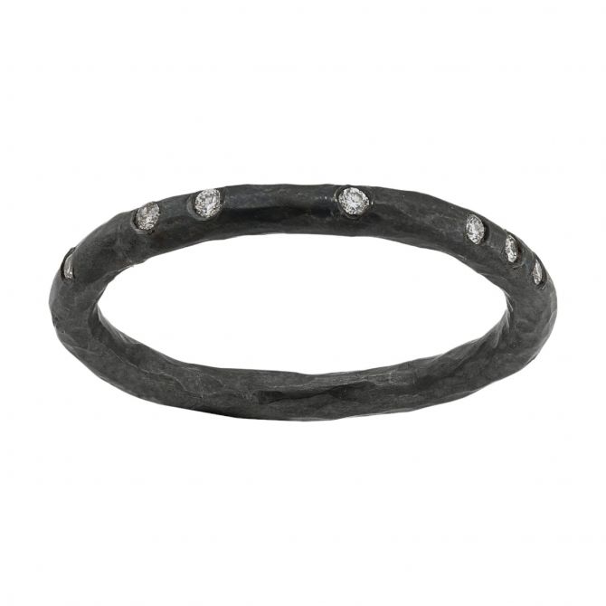 Lika Behar Hammered Oxidized Silver Ring with Diamond Accents