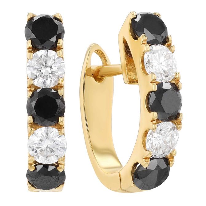 Frederic Sage Black & White Diamond Alternating Huggie Hoop Earrings in Yellow Gold