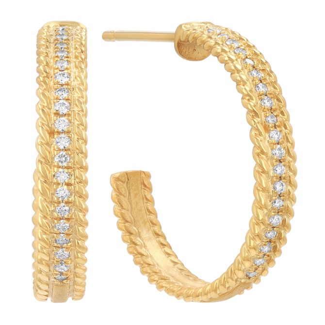 Marika Yellow Gold Rope Edge & Diamond Center Open Hoop Earrings