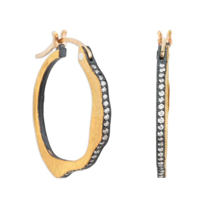 Lika Behar Kiki Diamond Abstract Flat Hoop Earrings in Yellow Gold & Oxidized Silver, 22 mm