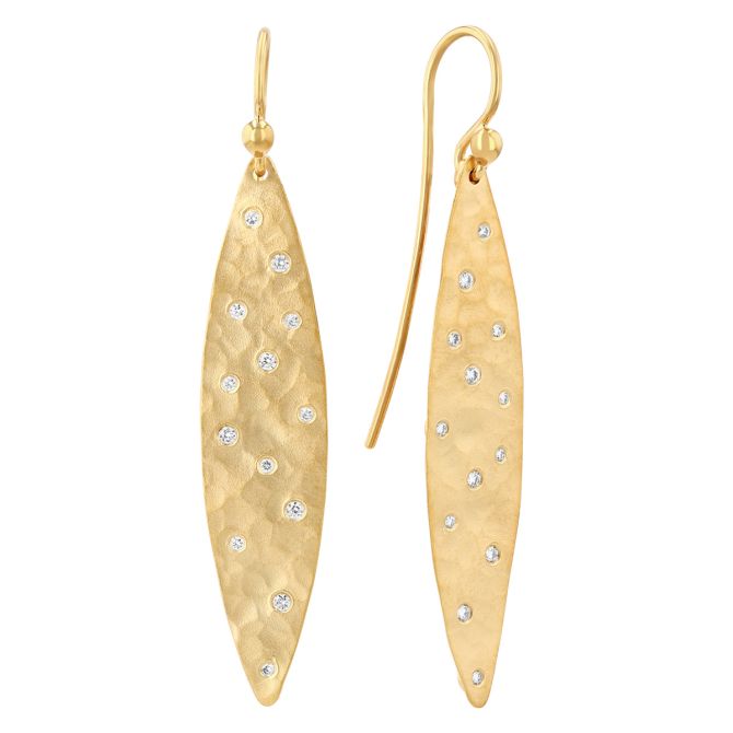 Marika Hammered Yellow Gold Navette Dangle Earrings with Flush Set Diamonds