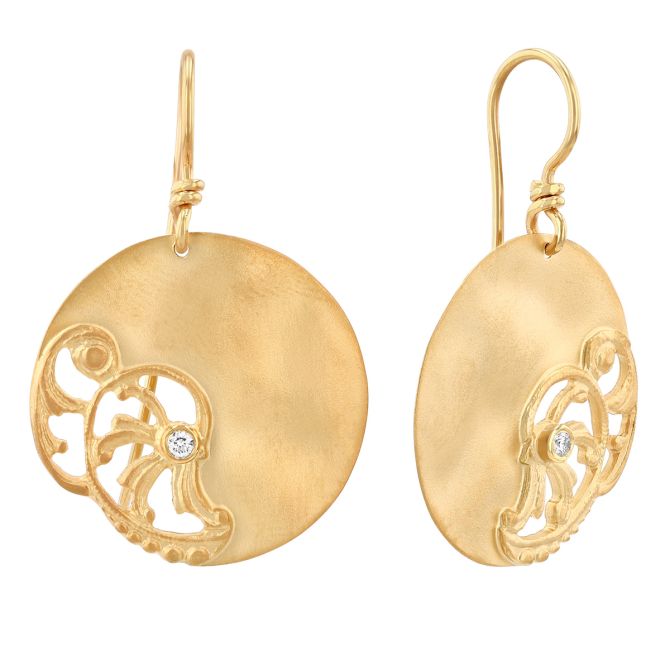 Marika Nautilus Filigree Circle Dangle Earrings in Yellow Gold with Diamonds