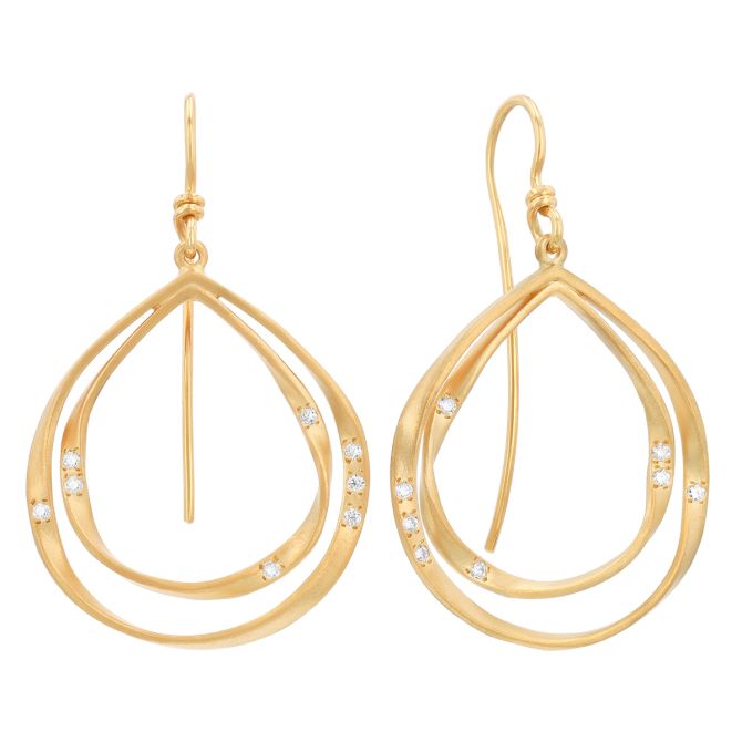 Marika Yellow Gold Twist Double Teardrop Dangle Earrings with Diamonds