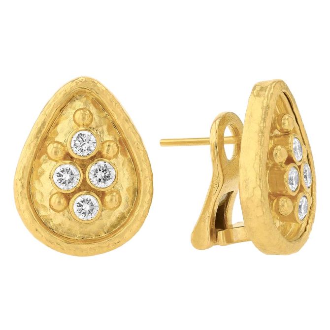 Gurhan Pointelle Diamond Cluster Teardrop Shape Stud Earrings in Yellow Gold