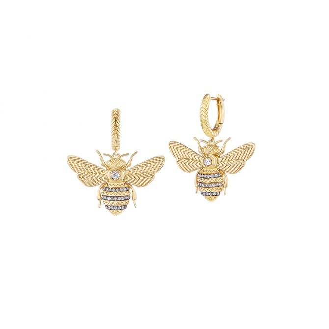 Harwell Godfrey Diamond Bee Dangle Hoop Earrings in Yellow Gold