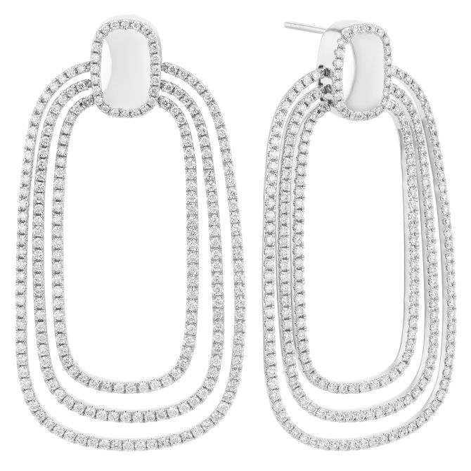 Diamond Triple Rounded Rectangle Dangle Earrings in White Gold