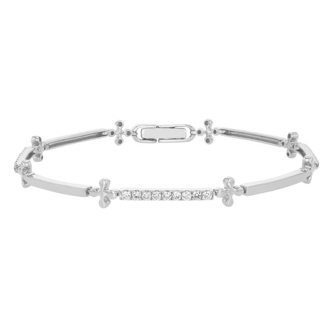 Diamond Bar & Clover Station Bracelet in White Gold