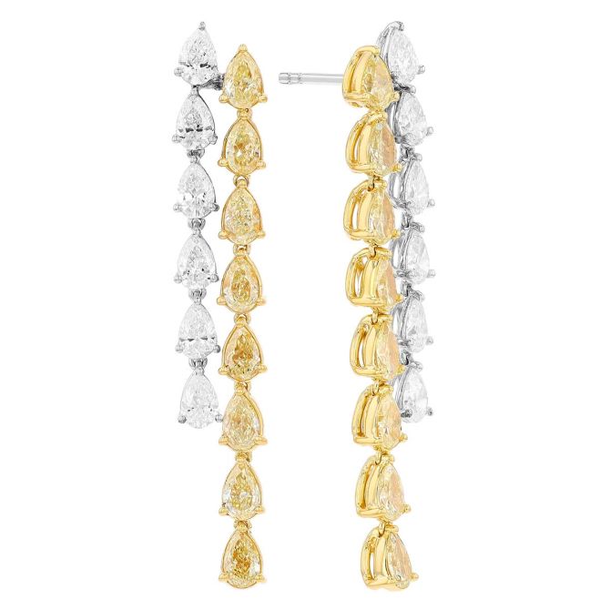 Pear Shaped Yellow & White Diamond Double Column Dangle Earrings in Two Tone