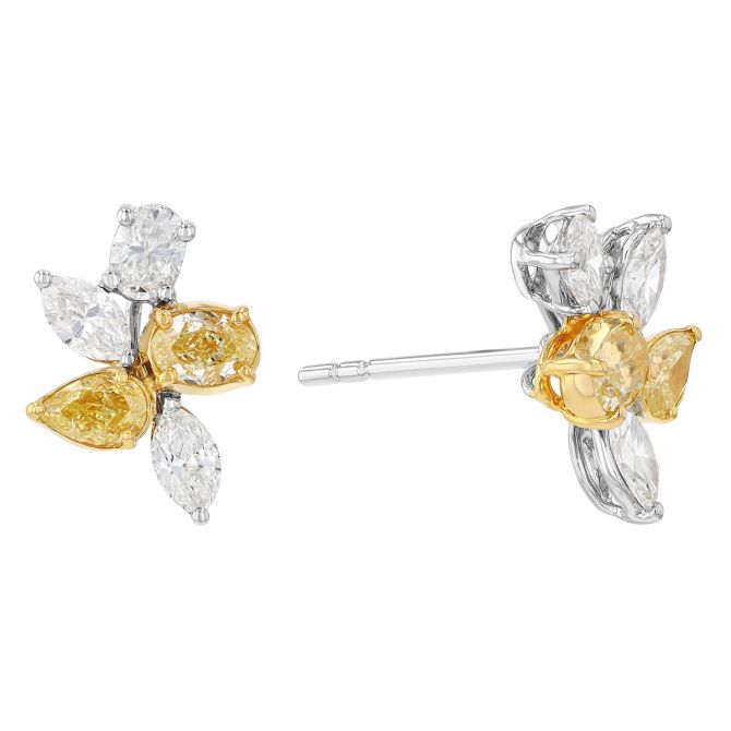 Multi Shape Yellow & White Diamond Cluster Stud Earrings in White Gold